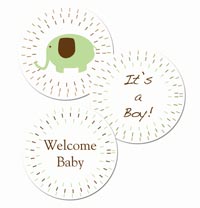 Free printable elephant baby shower stickers or cupcake toppers It's a boy! sage and brown