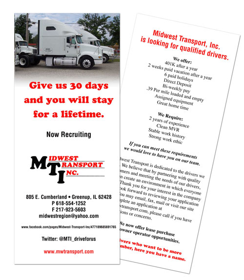 driving recruiting brochure, mti, midwest transport, brochure design, rack card design, tara darcy designs, westfield, il
